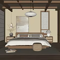 Japanese Zen Bedroom Interior With Wooden Ceiling Rattan Pendant Light And Natural Materials