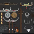 Traditional Tribal Style Wall Decor With Bull Horns Totem Poles And Carved Ornaments