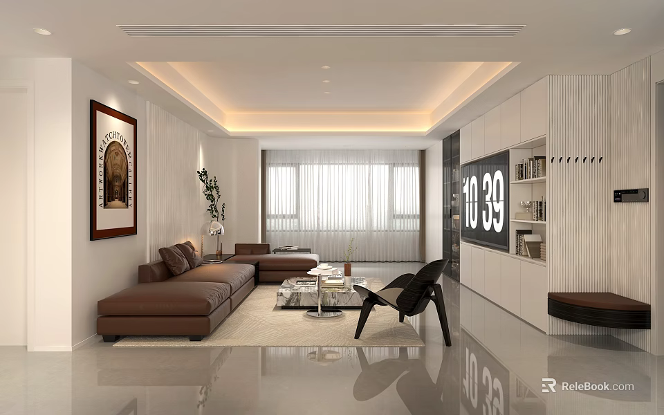 Sleek Modern Spacious Living Room Interior With Brown Leather Sofa And Custom Wall Storage Cabinets 3d model 