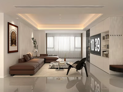 Sleek Modern Spacious Living Room Interior With Brown Leather Sofa And Custom Wall Storage Cabinets 3d model