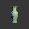 Green Ceramic Vase With Blue Peony Floral Patterns And Ruffled Rim Design