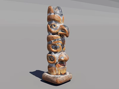 Traditional Wooden Totem Pole Sculpture With Animal Head And Layered Carved Patterns 3d model