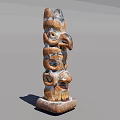 Traditional Wooden Totem Pole Sculpture With Animal Head And Layered Carved Patterns