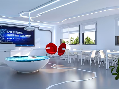 School Hi Tech VR Experience Room With Round Pool Red Seats White Tables And Windows 3d model