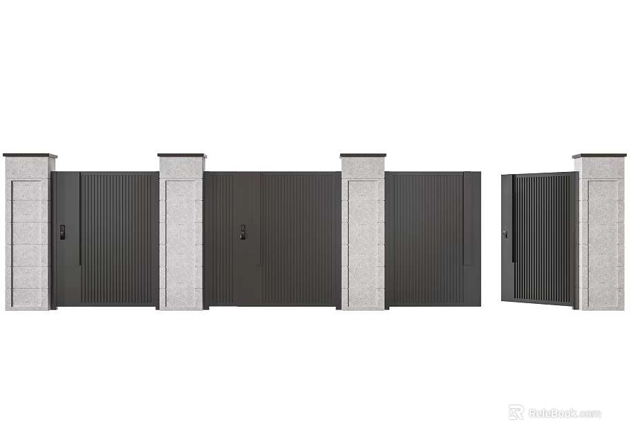 Modern Entrance Gate Featuring Dark Metal Panels And Stone Pillars In Closed Open Positions 3d model 