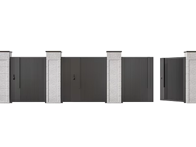 Modern Entrance Gate Featuring Dark Metal Panels And Stone Pillars In Closed Open Positions 3d model