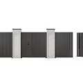 Modern Entrance Gate Featuring Dark Metal Panels And Stone Pillars In Closed Open Positions