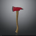 Durable Handheld Axe With Red Metal Head And Wooden Handle On Gray Background