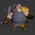 3D Fantasy Bearded Character Muscular Build Blue Armor Golden Shoulder Staff With Blue Gem