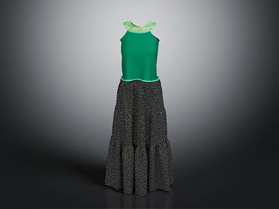 Elegant Women's Sleeveless Green Dress With Decorated Collar And Patterned Layered Long Skirt 3d model