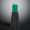 Elegant Women's Sleeveless Green Dress With Decorated Collar And Patterned Layered Long Skirt