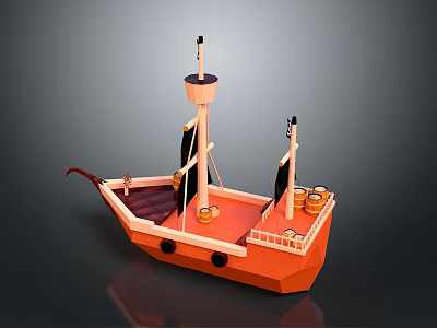Vibrant Orange Water Transport Ship With Two Masts Wooden Barrels And Stern Decoration 3d model