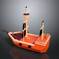 Vibrant Orange Water Transport Ship With Two Masts Wooden Barrels And Stern Decoration