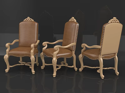 Classic Style Dining Chairs With Carved Wooden Frames And Brown Leather Seats 3d model