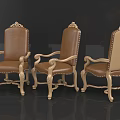 Classic Style Dining Chairs With Carved Wooden Frames And Brown Leather Seats