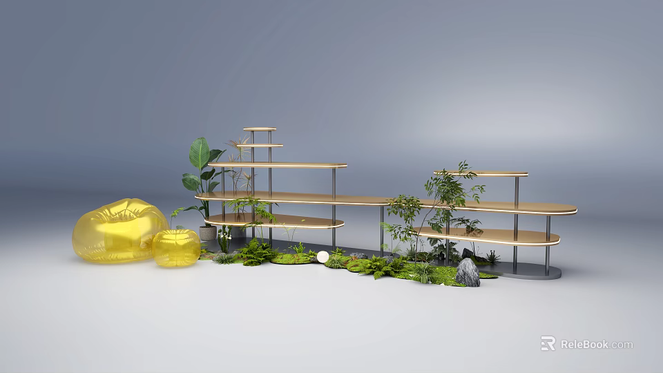 Art Installation Featuring Multi Tiered Wooden Shelves Golden Sculpture Green Plants And Stones 3d model 