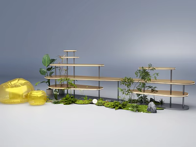 Art Installation Featuring Multi Tiered Wooden Shelves Golden Sculpture Green Plants And Stones 3d model