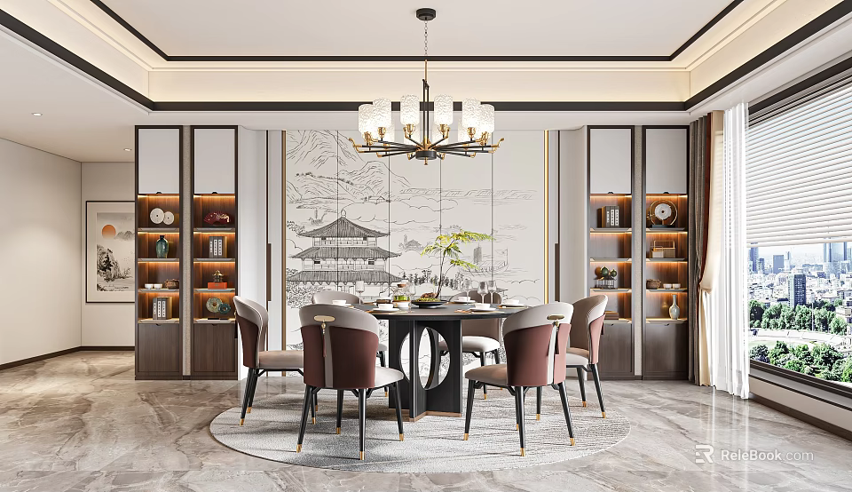 Elegant Chinese Restaurant Interior With Round Table Chandelier Mural Bookshelves And Marble Floor 3d model 