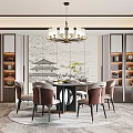Elegant Chinese Restaurant Interior With Round Table Chandelier Mural Bookshelves And Marble Floor