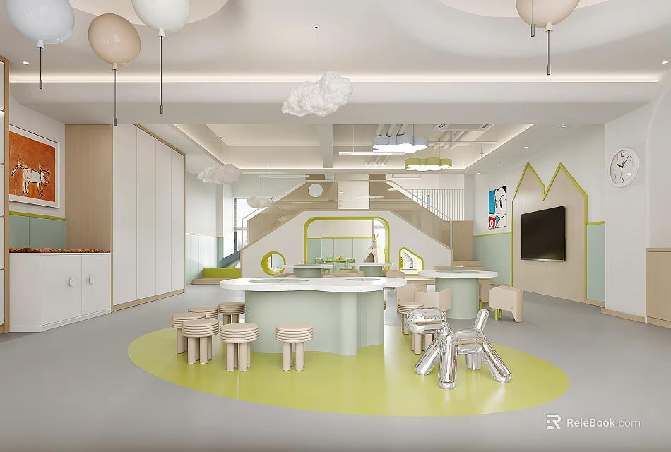 Colorful Kindergarten Interior Design With Circular Table Stools Cloud Pendant Lights And Wall Art 3d model