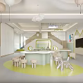 Colorful Kindergarten Interior Design With Circular Table Stools Cloud Pendant Lights And Wall Art 3d model