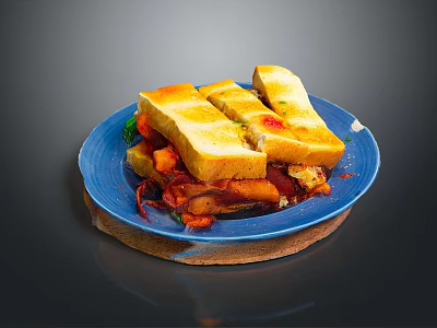 Appetizing Toasted Bread Slices On Blue Plate With Fresh Vegetables And Herbs 3d model