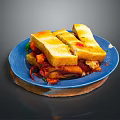 Appetizing Toasted Bread Slices On Blue Plate With Fresh Vegetables And Herbs
