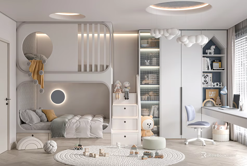 Kids Room Interior Design With Bed Bookshelf Toys Round Rug And Study Chair 3d model 