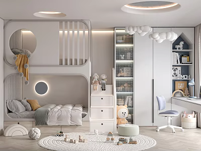 Kids Room Interior Design With Bed Bookshelf Toys Round Rug And Study Chair 3d model
