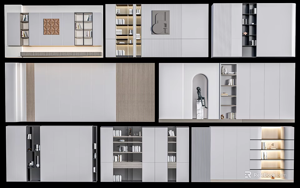 Stylish Bookcase Designs Featuring Open Shelving And Closed Cabinets For Modern Homes 3d model 