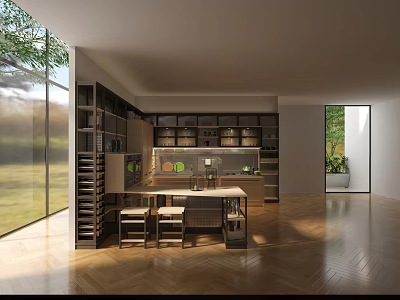 Modern Open Concept Kitchen With Large Windows Wooden Floors Island Counter Cabinets And Green Plants 3d model