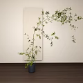 Graceful Bamboo Plant in Blue Pot Near Rectangular Mirror Light Wall Dark Floor 3d model