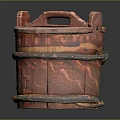 Traditional Red Brown Wooden Bucket With Lid Handle And Decorative Patterns
