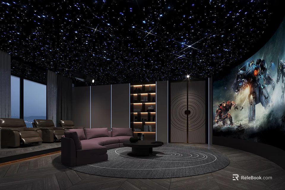Home Theater Room With Starry Sky Ceiling Large Projection Screen And Comfortable Sofa 3d model