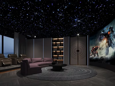 Home Theater Room With Starry Sky Ceiling Large Projection Screen And Comfortable Sofa 3d model