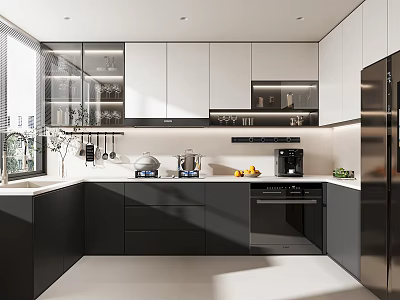Modern Kitchen Interior Design With White Black Cabinets Stainless Steel Refrigerator And Appliances 3d model