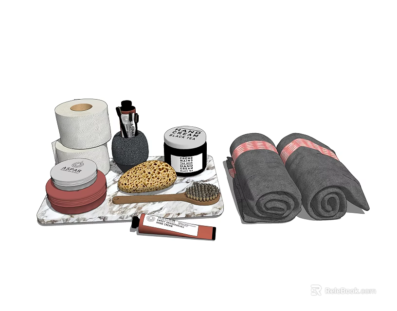 Essential Bathroom Accessories With Toilet Paper Roll Towels Toiletries And Marble Tray 3d model 