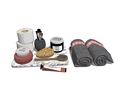 Essential Bathroom Accessories With Toilet Paper Roll Towels Toiletries And Marble Tray 3d model