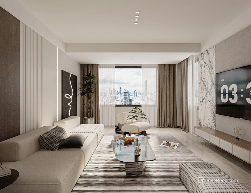 Modern Living Dining Room Interior With Sofa Coffee Table TV And City View Through Window 3d model 