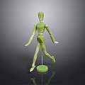 Green Wooden Mannequin Character Standing on Round Base with Smooth Surface