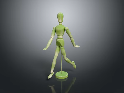 Green Wooden Mannequin Character Standing on Round Base with Smooth Surface 3d model