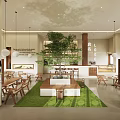 Cozy Café Interior With Wooden Tables Chairs Hanging Lights And Green Plant