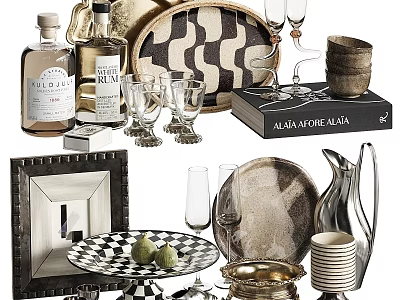 Stylish Decorative Ornament Set With Wine Bottles Glasses Plates Frames And Trays 3d model
