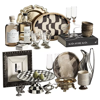 Stylish Decorative Ornament Set With Wine Bottles Glasses Plates Frames And Trays 3d model