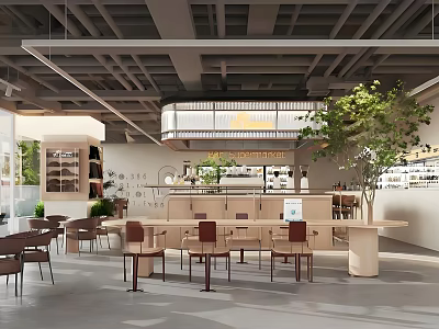 Modern Café Interior Design With Wooden Tables Chairs Bar Counter And Green Plant 3d model