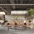 Modern Café Interior Design With Wooden Tables Chairs Bar Counter And Green Plant