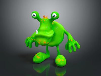 Green Cartoon Monster Game Movie Character Design with Big Eyes Orange Spots and Spiky Head 3d model