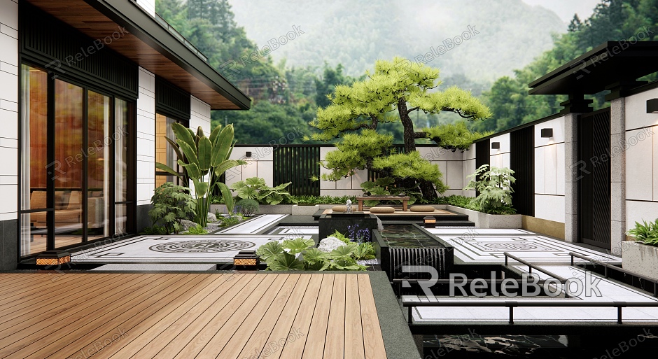 Villa Courtyard Landscape Waterscape Water Falling Sketches Plants Landscaping Pine Trees Flowers and Plants model