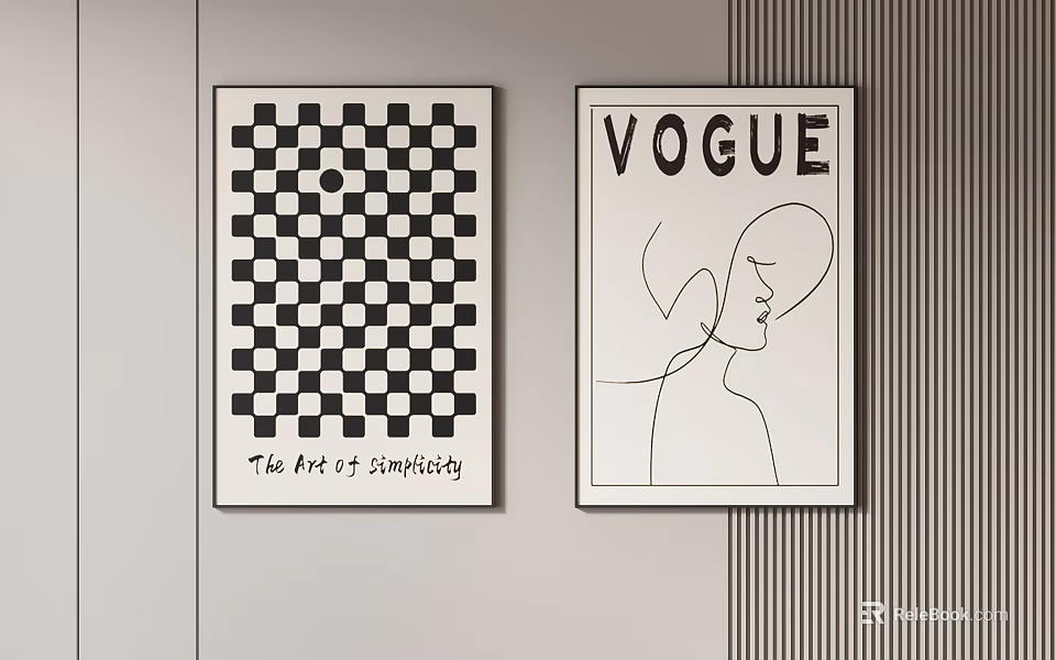 Abstract Wall Art With Checkered Pattern And Minimal Line Art 3d model