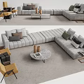 Modern Gray Modular Sofa Coffee Table Combination with Round Marble Top and Yellow Accent Chairs 3d model